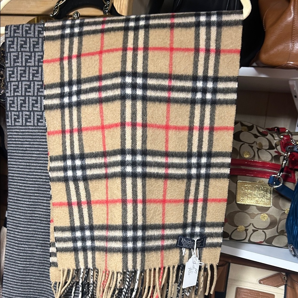 Burberrys London Tan Plaid Scarf with Red and Black Accents